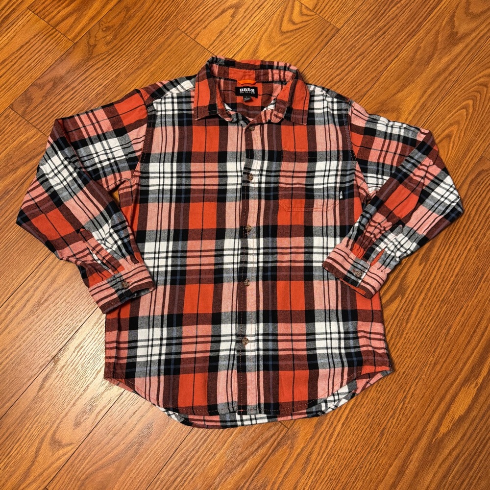 Bass Outdoor Boys XL 18/20 Flannel Shirt Orange Black Plaid Cotton BOFFB32F-845